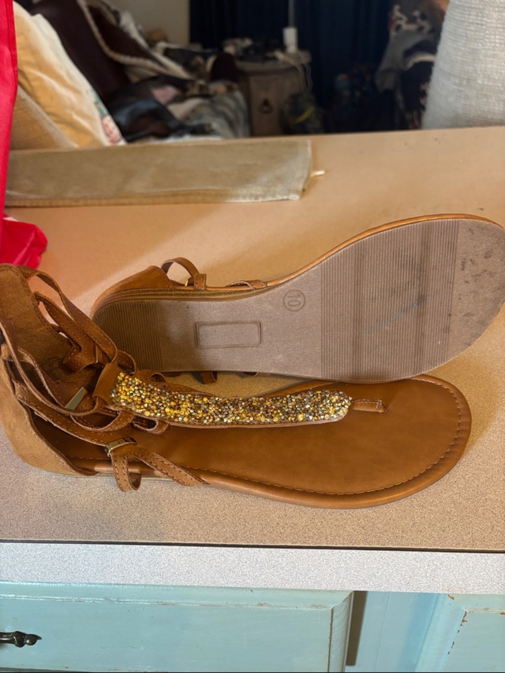 Route 66 Brown Gladiator Sandals with Gold Beaded Strap